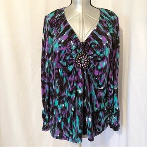 ECI Purple and Teal Patterned Blouse XXL